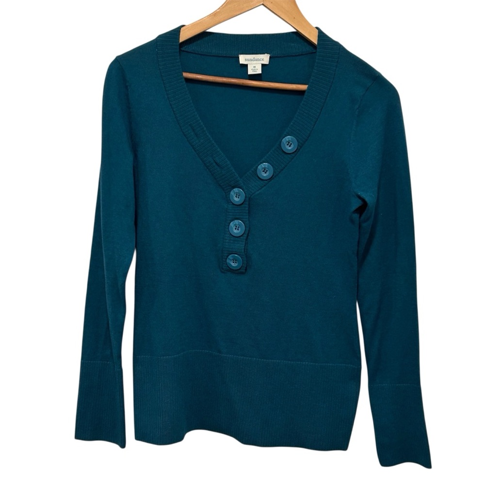 Sundance Pullover V-Neck Teal Henley Sweater Cotton Rabbit Hair Blend Sz Medium